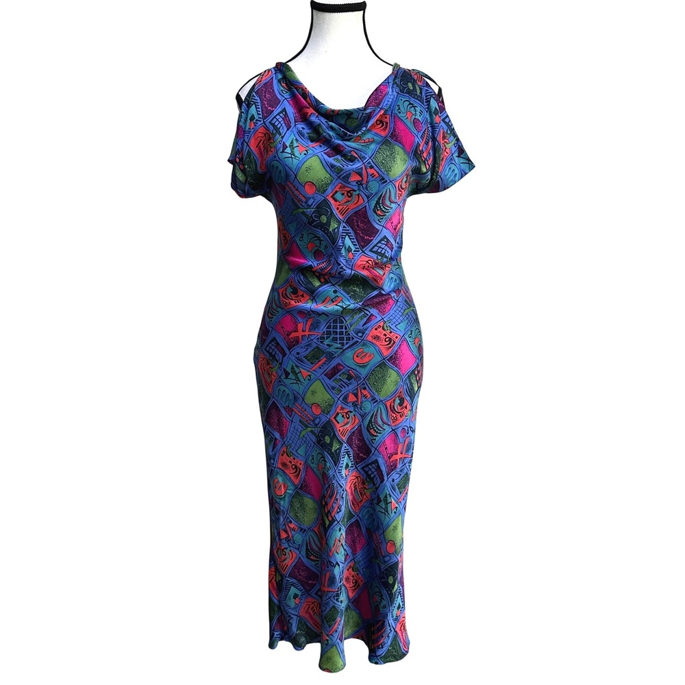 VTG 90s 100% Silk Abstract Print Midi Dress XS Cowl Neck  Art to Wear Maximalist